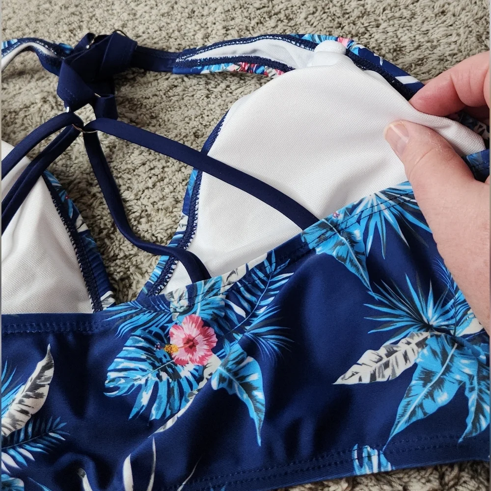 Women's Two Piece Tankini Swim Top With Swim Shorts With Ties - Yonique - L